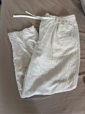 Mango Men's Light Beige Drawstring Linen-Blend Joggers
